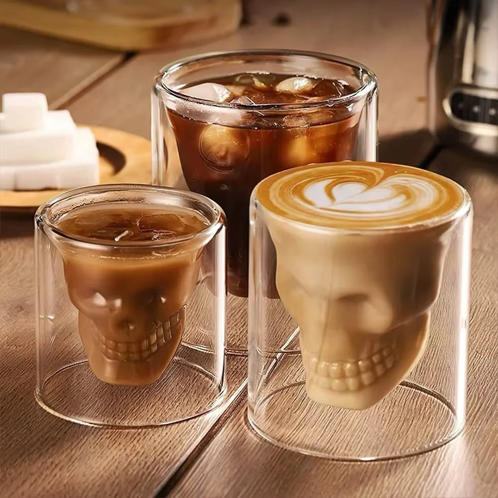 Halloween Skull Glass Cup 230ml – Double Wall Cocktail Whiskey Coffee Mug